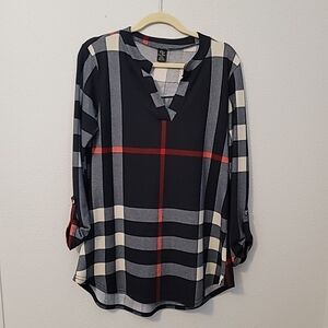 Women's Casual 2/3 Sleeve V-Neck Plaid Shirt Pullover Sz S-M  Flannel